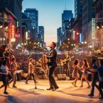 Outdoor Montreal street during the Jazz Festival with multiple bands performing at once and a crowd dancing in warm summer evening light.