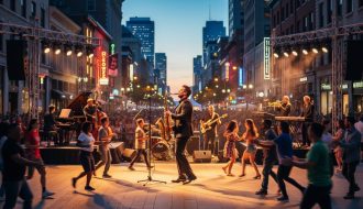 Outdoor Montreal street during the Jazz Festival with multiple bands performing at once and a crowd dancing in warm summer evening light.