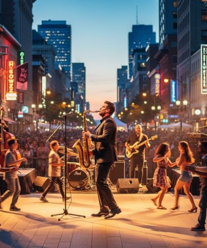 Outdoor Montreal street during the Jazz Festival with multiple bands performing at once and a crowd dancing in warm summer evening light.
