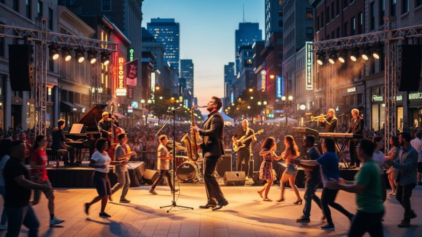 Outdoor Montreal street during the Jazz Festival with multiple bands performing at once and a crowd dancing in warm summer evening light.