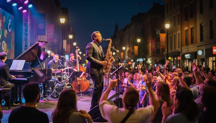 Saxophonist performing on an outdoor Montreal jazz stage with an excited crowd in the background