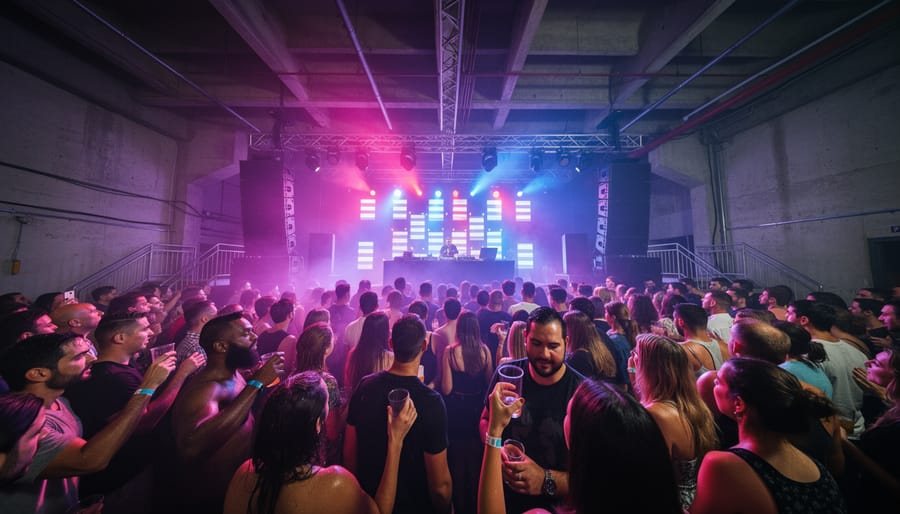 Attendees in a warehouse after-party packed near a DJ booth with subwoofers and neon spotlights cutting through smoke
