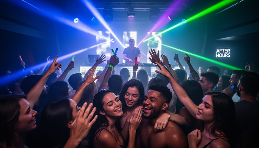 Crowd with raised hands and glow sticks in a nightclub during an after-party with a DJ booth in silhouette and laser lighting