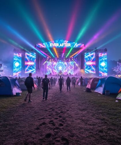 “Nighttime view of a lit EDM festival stage with neon light beams and silhouetted attendees walking through a camping area between installations.”