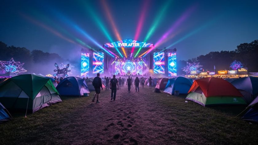 “Nighttime view of a lit EDM festival stage with neon light beams and silhouetted attendees walking through a camping area between installations.”