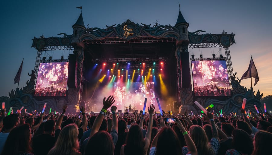 Silhouetted festival-goers dance under colorful spotlights at the Ever After main stage.