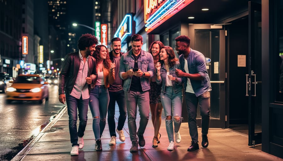 Two music festival friends planning an after party outside a venue entrance while looking at a smartphone without readable text
