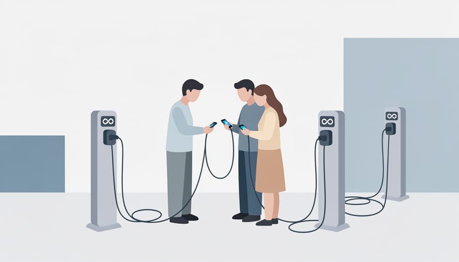 Two people share a power bank at a festival charging area while others hold phones and water bottles nearby.