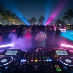 Neon-lit DJ booth with flashing lights, a crowd in light haze, and a rooftop pool reflection at a Miami after party during Ultra weekend.