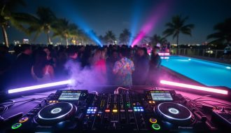 Neon-lit DJ booth with flashing lights, a crowd in light haze, and a rooftop pool reflection at a Miami after party during Ultra weekend.