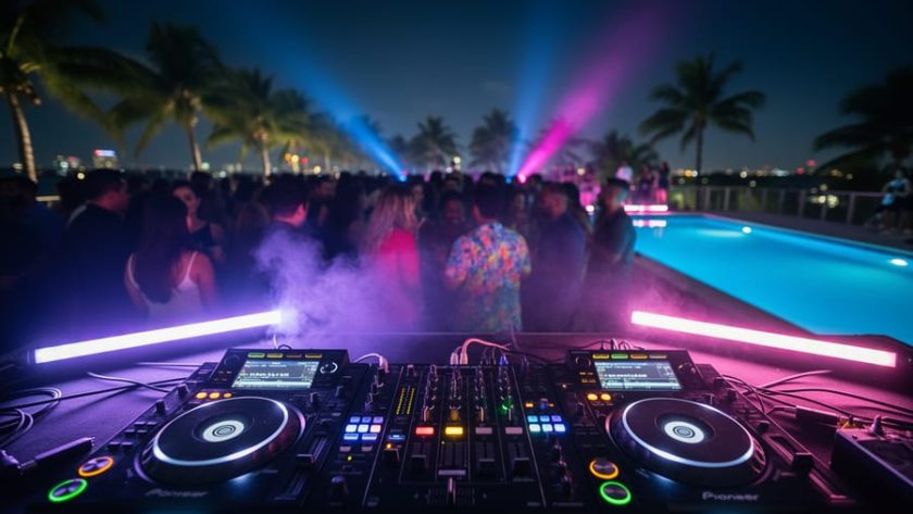 Neon-lit DJ booth with flashing lights, a crowd in light haze, and a rooftop pool reflection at a Miami after party during Ultra weekend.