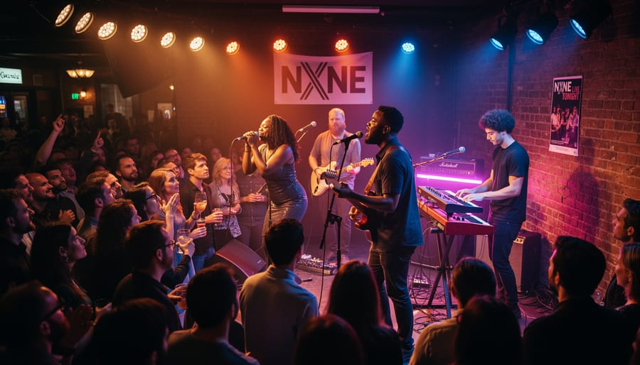 Performer singing into a microphone during an indoor live concert with stage lights and drummer in the background
