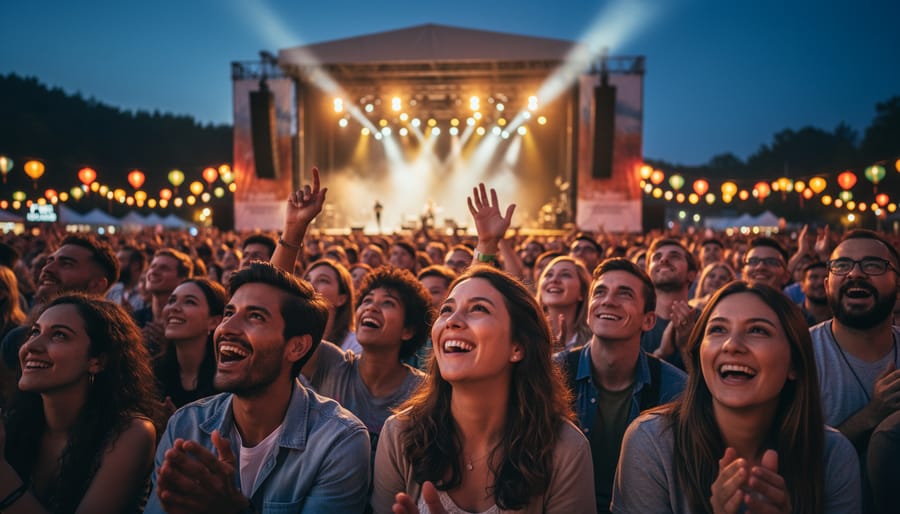 People cheering at an outdoor music festival at dusk with colorful stage lighting in the background