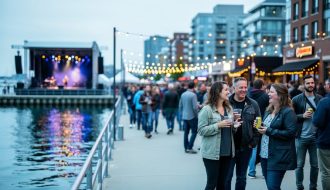 Crowds gather near an outdoor stage and harborfront lights during a multi-genre music festival in Canada’s east, highlighting the city-integrated festival atmosphere.