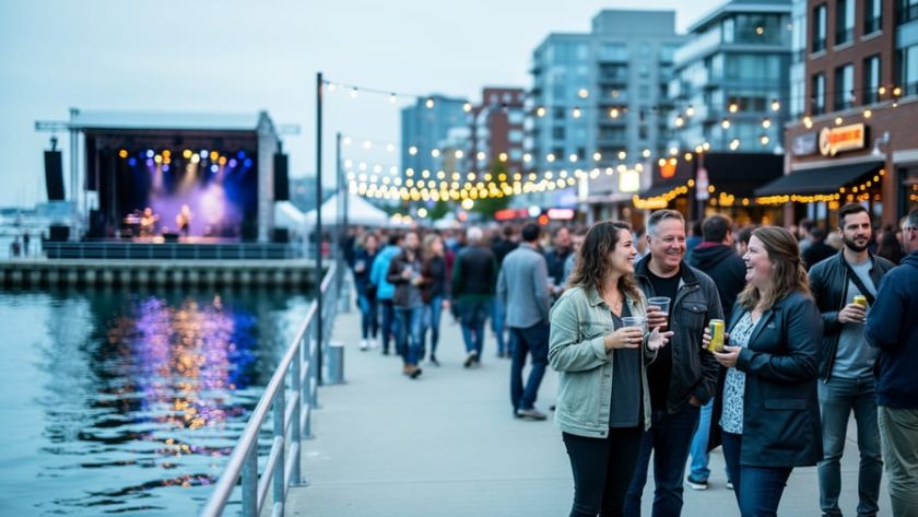 Crowds gather near an outdoor stage and harborfront lights during a multi-genre music festival in Canada’s east, highlighting the city-integrated festival atmosphere.