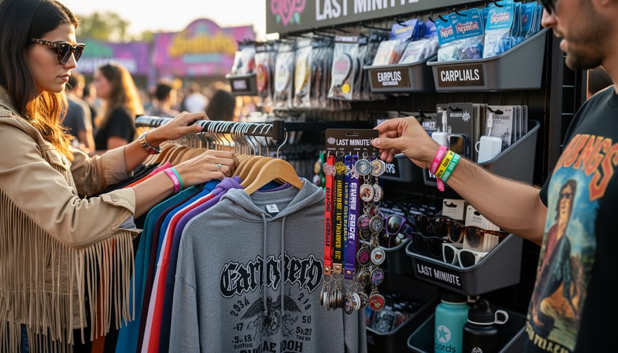 Close-up of hands browsing festival merch and apparel racks in a Q North East Mall store.
