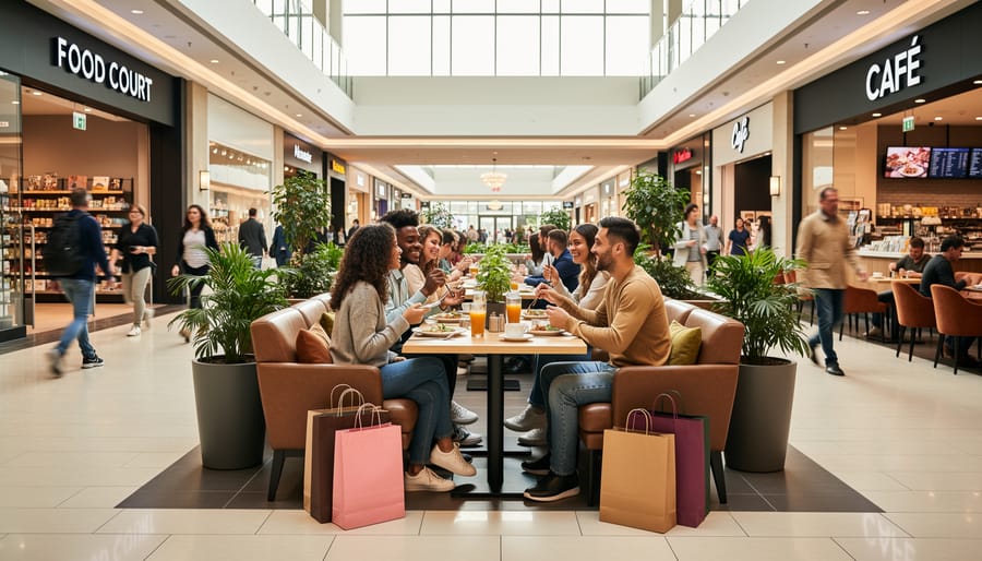 Friends enjoying meals in the Q North East Mall food court during NxNE.