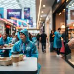 “NxNE festival-goers in Q North East Mall seated in the food court with coffee while one charges a phone near storefronts, wearing rain ponchos and backpacks.”