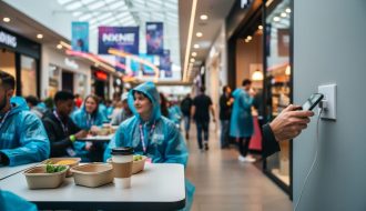“NxNE festival-goers in Q North East Mall seated in the food court with coffee while one charges a phone near storefronts, wearing rain ponchos and backpacks.”