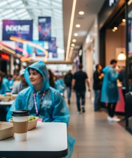 “NxNE festival-goers in Q North East Mall seated in the food court with coffee while one charges a phone near storefronts, wearing rain ponchos and backpacks.”