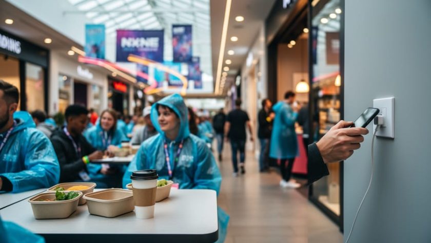 “NxNE festival-goers in Q North East Mall seated in the food court with coffee while one charges a phone near storefronts, wearing rain ponchos and backpacks.”