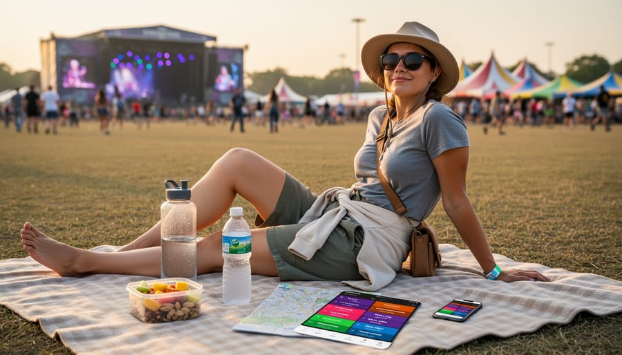 Festival-goers resting and hydrating with reusable water bottles near the venue.