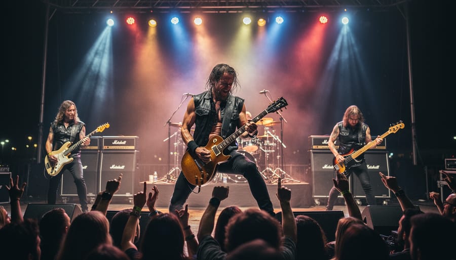 Guitarist and bassist performing on an outdoor stage under concert lights with light haze.