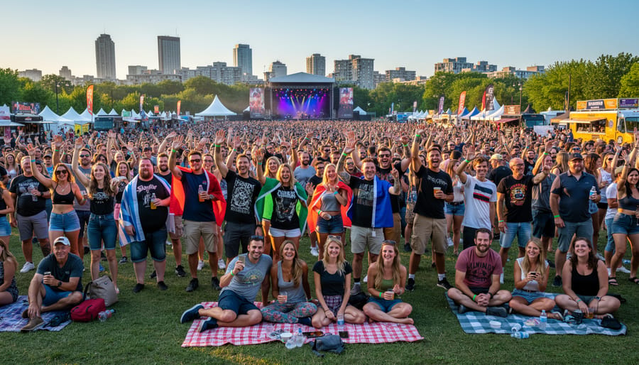 Festival-goers at LeBreton Flats enjoying live music with colorful stage lighting.