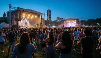 “Evening view of multiple illuminated music stages at LeBreton Flats during Ottawa Bluesfest with a diverse crowd in the foreground.”